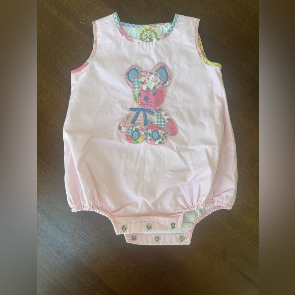 The Beaufort Bonnet Company Pink Baby Romper with Bear Appliqué